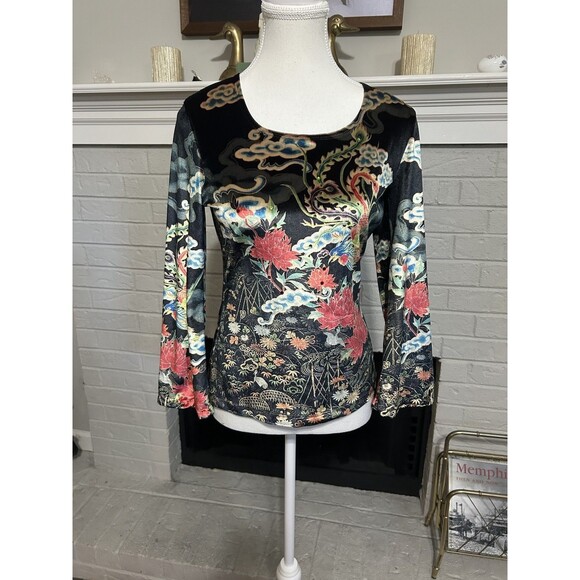 CLIO Vintage 90s Y2K Japanese Floral Velvet Velour Rhinestone Bell Sleeve Top M - Picture 1 of 6